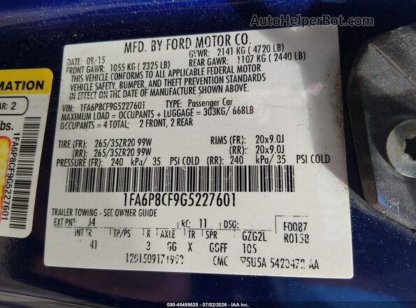 1FA6P8CF9G5227601 2016 FORD MUSTANG Синий Вид подкапотного пространства