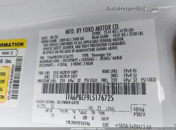 1FA6P8CF9L5176725 2020 FORD MUSTANG Белый Вид подкапотного пространства