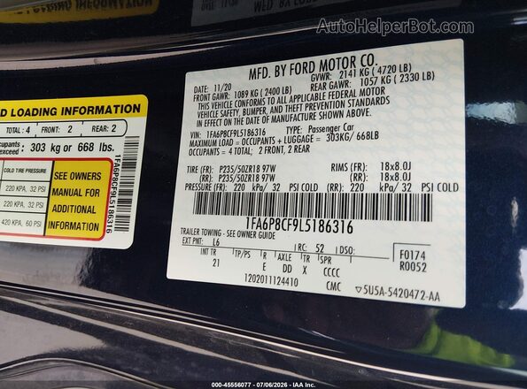 1FA6P8CF9L5186316 2020 FORD MUSTANG Синий Вид подкапотного пространства
