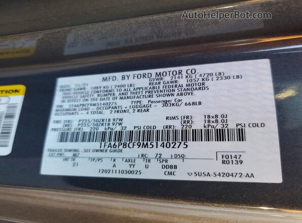 1FA6P8CF9M5140275 2021 FORD MUSTANG Gray Vista de la etiqueta del VIN