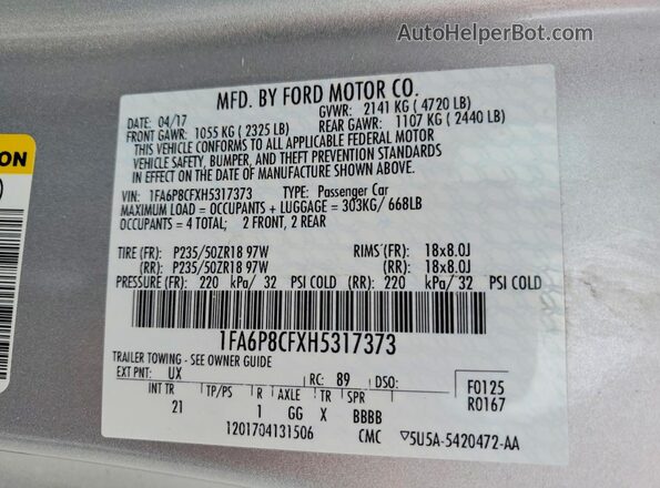1FA6P8CFXH5317373 2017 FORD MUSTANG Silver VIN sticker view