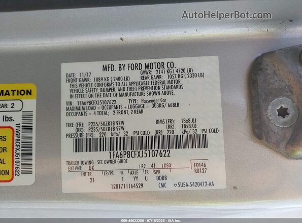 1FA6P8CFXJ5107622 2018 FORD MUSTANG Silver Vista del compartimento del motor