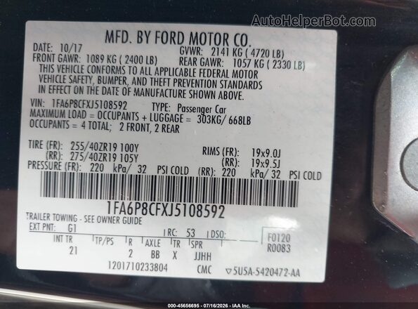 1FA6P8CFXJ5108592 2018 FORD MUSTANG Черный Вид подкапотного пространства