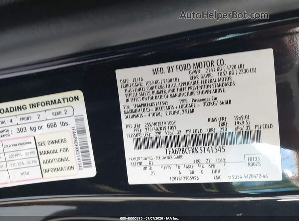 1FA6P8CFXK5141545 2019 FORD MUSTANG Black Engine compartment view