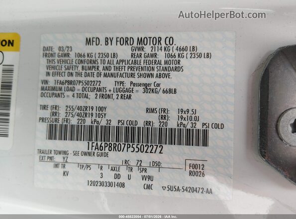 1FA6P8R07P5502272 2023 FORD MUSTANG White Vista del compartimento del motor