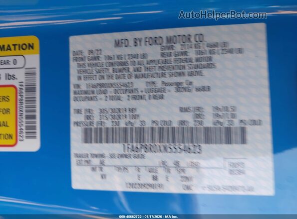 1FA6P8R0XN5554623 2022 FORD MUSTANG Blue ძრავის განყოფილების ხედი