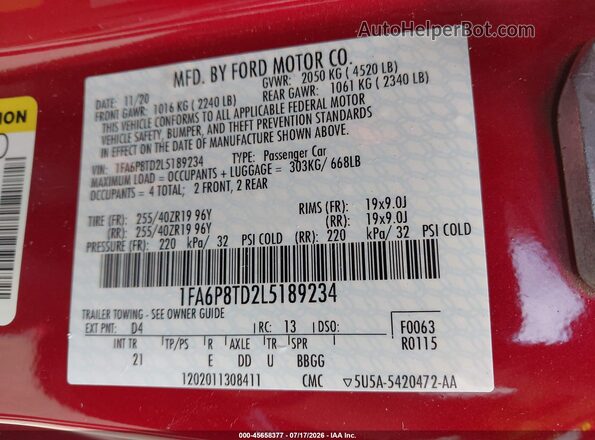 1FA6P8TD2L5189234 2020 FORD MUSTANG Red Вид підкапотного простору