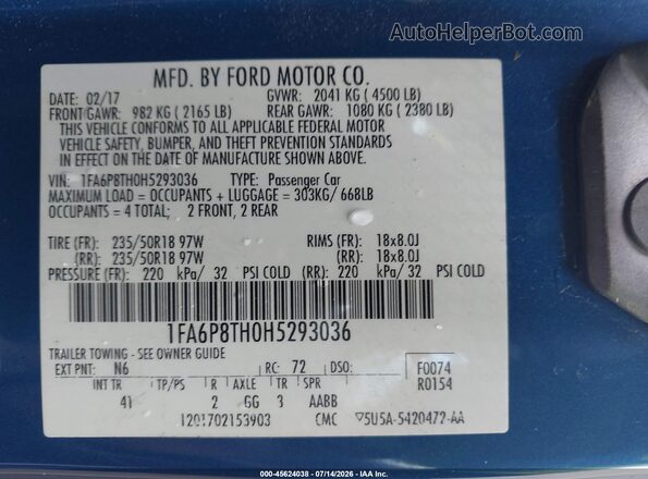 1FA6P8TH0H5293036 2017 FORD MUSTANG Синий Вид подкапотного пространства