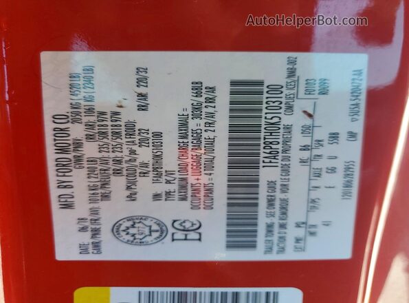 1FA6P8TH0K5103100 2019 FORD MUSTANG Red Vista de la etiqueta del VIN