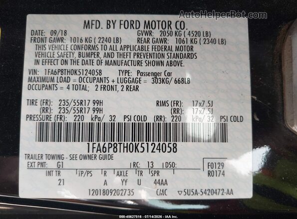 1FA6P8TH0K5124058 2019 FORD MUSTANG Black Widok komory silnika