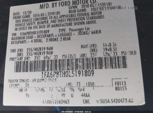 1FA6P8TH0L5191809 2020 FORD MUSTANG Black Widok komory silnika