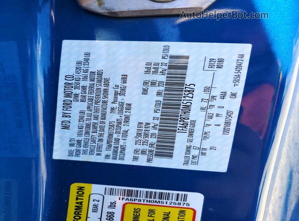 1FA6P8TH0M5125875 2021 FORD MUSTANG Синий Вид подкапотного пространства