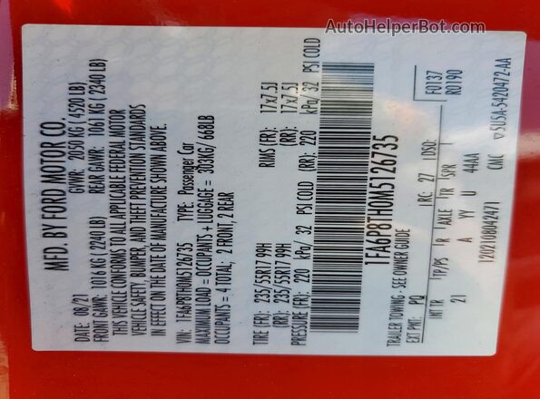 1FA6P8TH0M5126735 2021 FORD MUSTANG Red VIN կոդի պիտակի տեսք