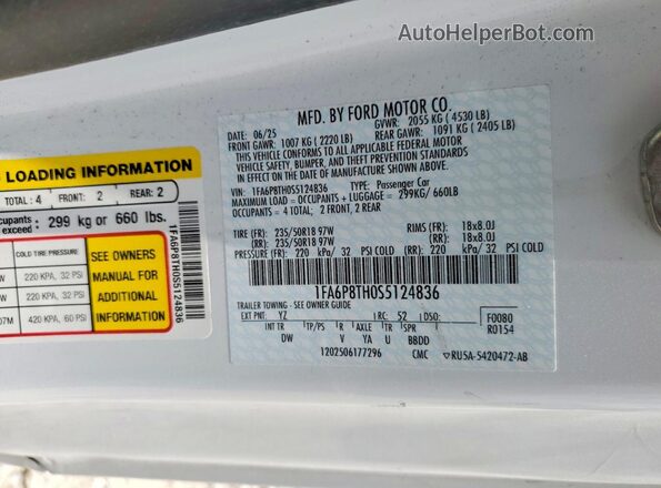 1FA6P8TH0S5124836 2025 FORD MUSTANG White Widok naklejki z numerem VIN