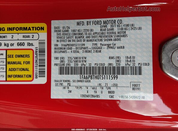 1FA6P8TH0T5111599 2026 FORD MUSTANG Red Widok komory silnika