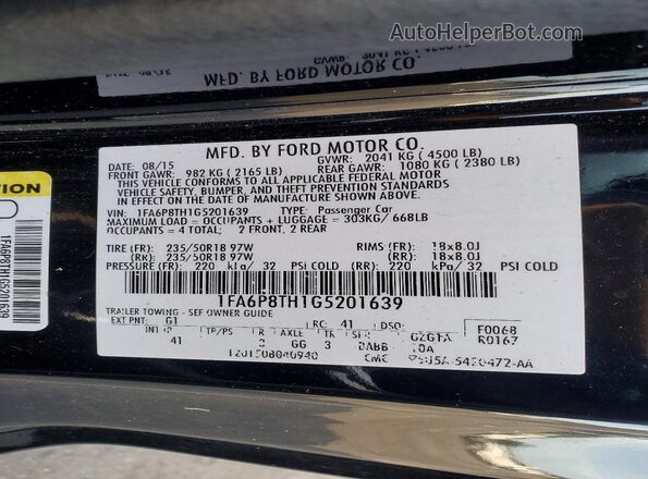 1FA6P8TH1G5201639 2016 FORD MUSTANG Black VIN sticker view