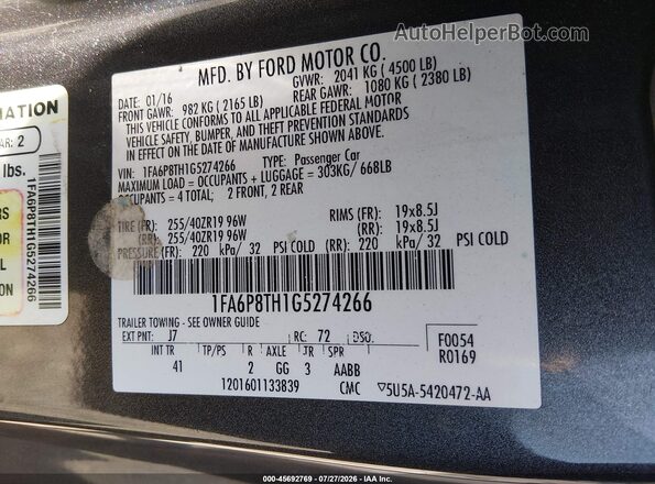 1FA6P8TH1G5274266 2016 FORD MUSTANG Black ძრავის განყოფილების ხედი