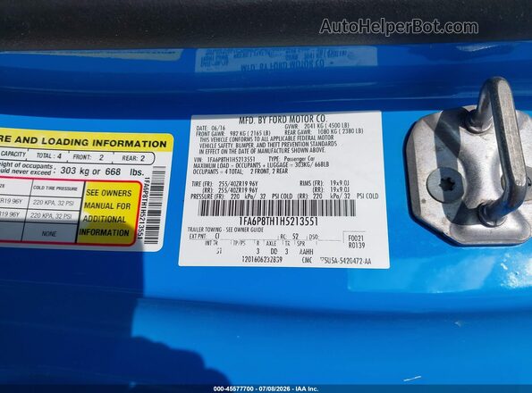 1FA6P8TH1H5213551 2017 FORD MUSTANG Blue Widok komory silnika