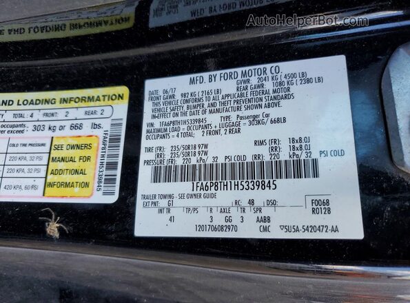 1FA6P8TH1H5339845 2017 FORD MUSTANG Black Vista de la etiqueta del VIN