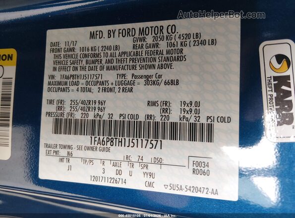 1FA6P8TH1J5117571 2018 FORD MUSTANG Blue Вид підкапотного простору