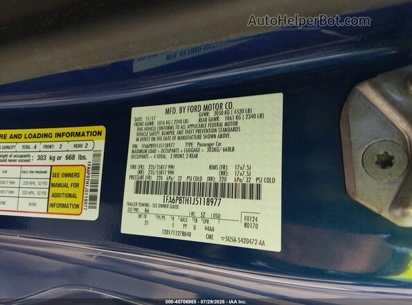 1FA6P8TH1J5118977 2018 FORD MUSTANG Blue Widok komory silnika