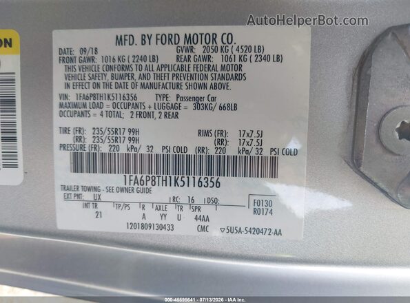 1FA6P8TH1K5116356 2019 FORD MUSTANG Silver Engine compartment view