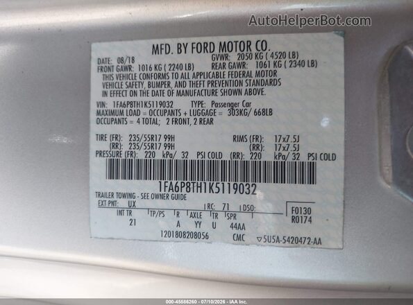 1FA6P8TH1K5119032 2019 FORD MUSTANG Silver Vista del compartimento del motor