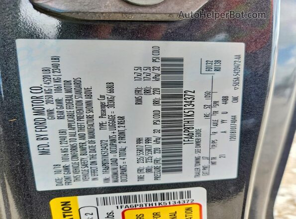 1FA6P8TH1K5134372 2019 FORD MUSTANG Charcoal VIN კოდის სტიკერის ხედი