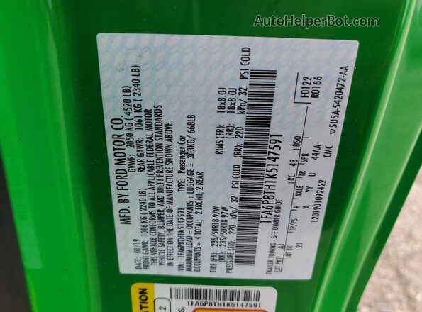 1FA6P8TH1K5147591 2019 FORD MUSTANG Зеленый Вид подкапотного пространства