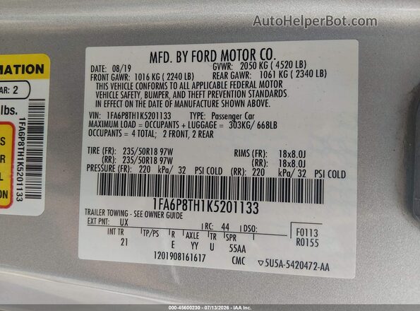 1FA6P8TH1K5201133 2019 FORD MUSTANG Серебряный Вид подкапотного пространства