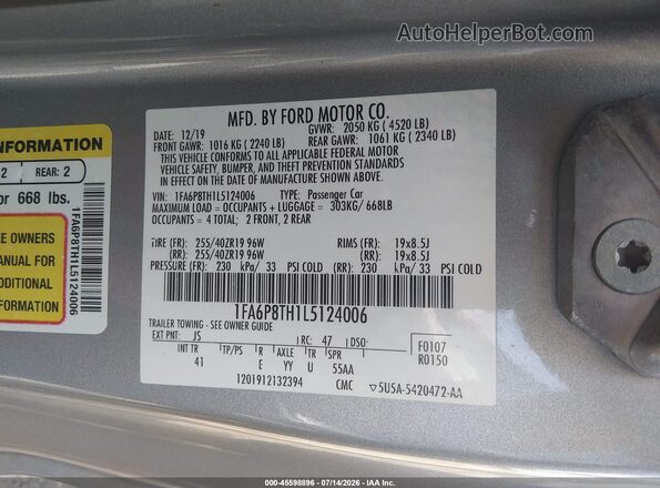 1FA6P8TH1L5124006 2020 FORD MUSTANG Silver ძრავის განყოფილების ხედი