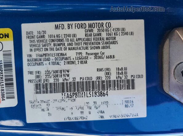 1FA6P8TH1L5183864 2020 FORD MUSTANG Blue Widok naklejki z numerem VIN