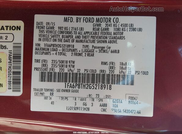 1FA6P8TH2G5218918 2016 FORD MUSTANG Red Вид підкапотного простору