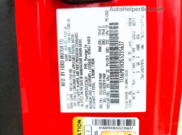 1FA6P8TH2G5235637 2016 FORD MUSTANG Red VIN sticker view