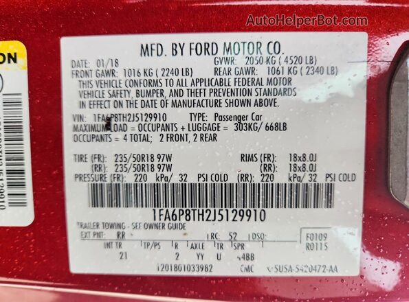 1FA6P8TH2J5129910 2018 FORD MUSTANG Maroon VIN sticker view