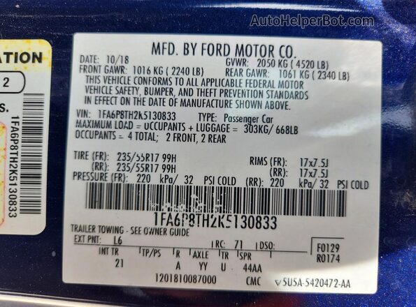 1FA6P8TH2K5130833 2019 FORD MUSTANG Blue VIN sticker view
