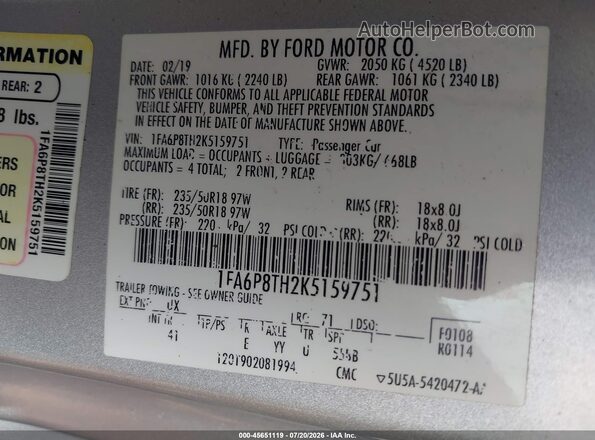 1FA6P8TH2K5159751 2019 FORD MUSTANG Серебряный Вид подкапотного пространства