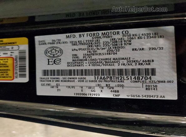 1FA6P8TH2L5148704 2020 FORD MUSTANG Black Widok komory silnika