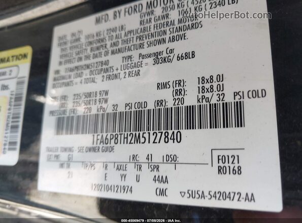 1FA6P8TH2M5127840 2021 FORD MUSTANG Black Vista del compartimento del motor