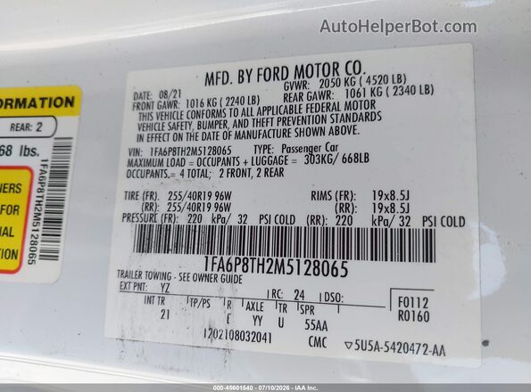 1FA6P8TH2M5128065 2021 FORD MUSTANG White Շարժիչի բաժամունքի տեսք