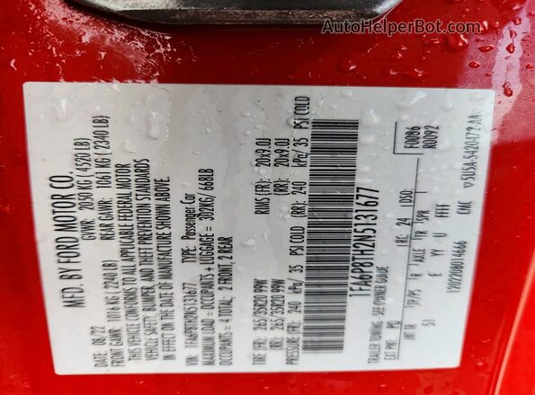 1FA6P8TH2N5131677 2022 FORD MUSTANG Red ძრავის განყოფილების ხედი