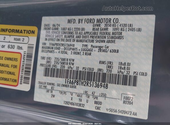1FA6P8TH2R5136948 2024 FORD MUSTANG Blue Widok komory silnika
