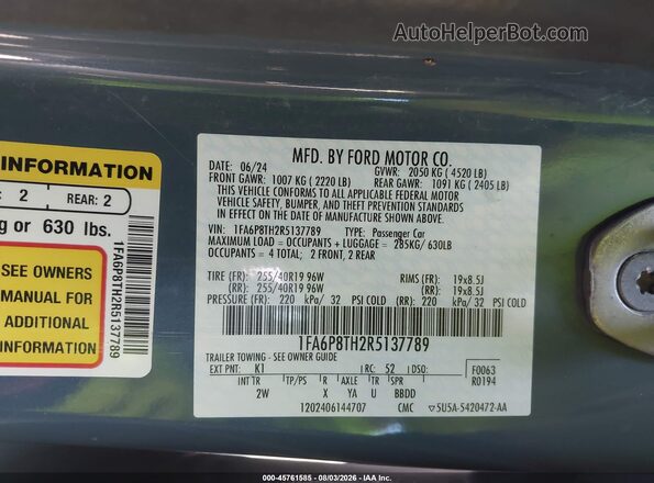 1FA6P8TH2R5137789 2024 FORD MUSTANG Blue Widok komory silnika