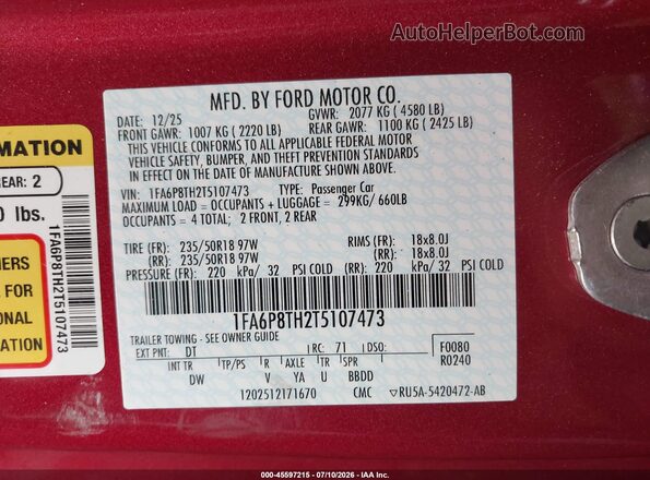 1FA6P8TH2T5107473 2026 FORD MUSTANG Red ძრავის განყოფილების ხედი