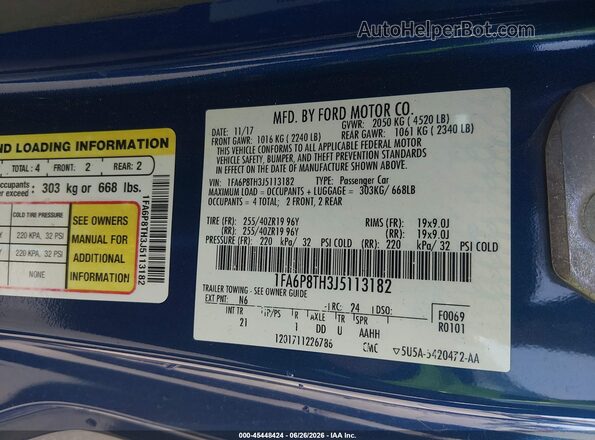 1FA6P8TH3J5113182 2018 FORD MUSTANG Blue Vista del compartimento del motor
