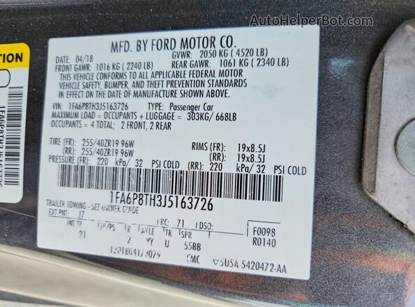 1FA6P8TH3J5163726 2018 FORD MUSTANG Угольный Вид подкапотного пространства
