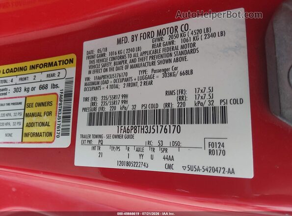 1FA6P8TH3J5176170 2018 FORD MUSTANG Red Շարժիչի բաժամունքի տեսք