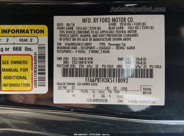 1FA6P8TH3K5118092 2019 FORD MUSTANG Black Vista del compartimento del motor