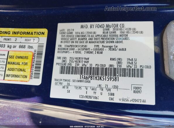 1FA6P8TH3K5159581 2019 FORD MUSTANG Navy Շարժիչի բաժամունքի տեսք