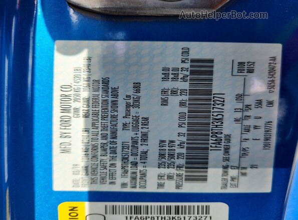 1FA6P8TH3K5173271 2019 FORD MUSTANG Blue Вид наклейки з VIN-кодом